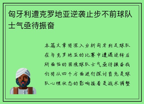 匈牙利遭克罗地亚逆袭止步不前球队士气亟待振奋