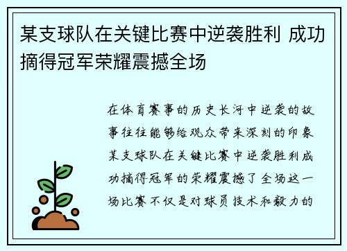 某支球队在关键比赛中逆袭胜利 成功摘得冠军荣耀震撼全场