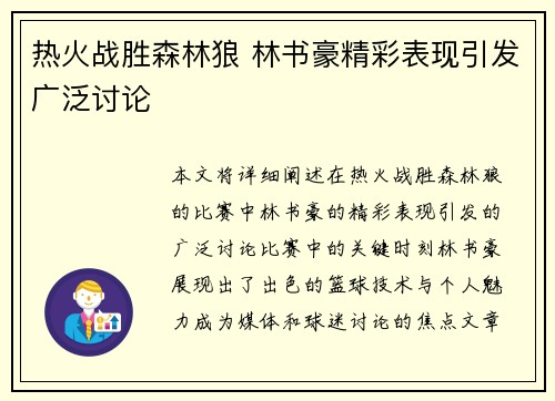 热火战胜森林狼 林书豪精彩表现引发广泛讨论