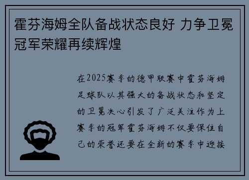 霍芬海姆全队备战状态良好 力争卫冕冠军荣耀再续辉煌