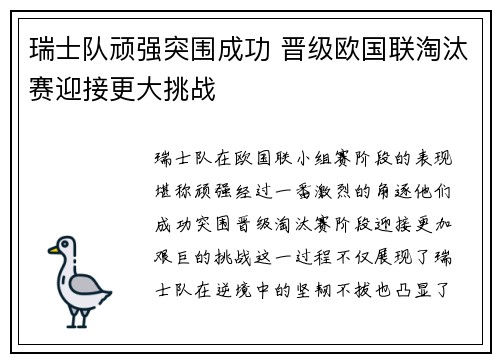 瑞士队顽强突围成功 晋级欧国联淘汰赛迎接更大挑战