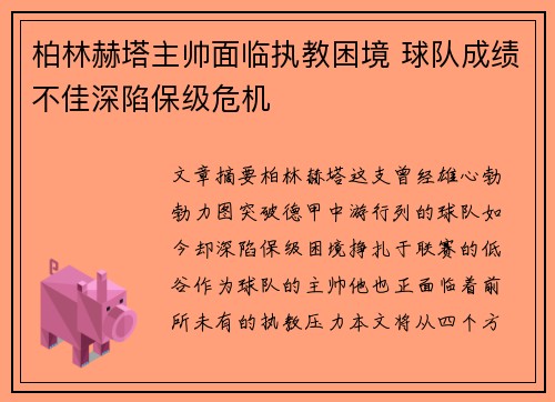 柏林赫塔主帅面临执教困境 球队成绩不佳深陷保级危机