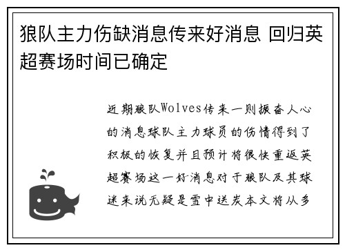 狼队主力伤缺消息传来好消息 回归英超赛场时间已确定