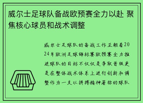 威尔士足球队备战欧预赛全力以赴 聚焦核心球员和战术调整