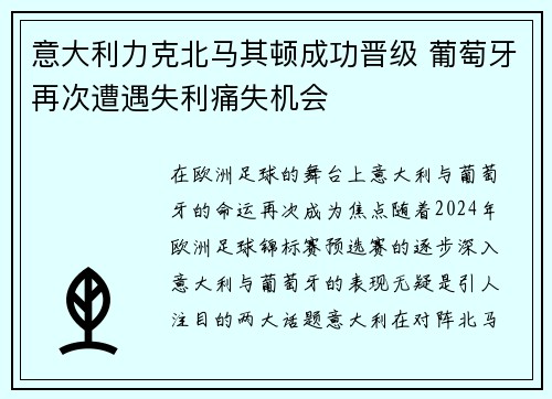 意大利力克北马其顿成功晋级 葡萄牙再次遭遇失利痛失机会
