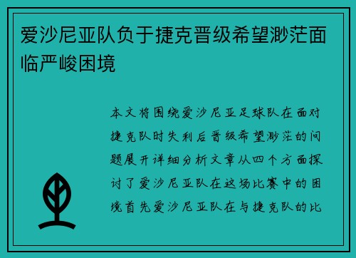 爱沙尼亚队负于捷克晋级希望渺茫面临严峻困境
