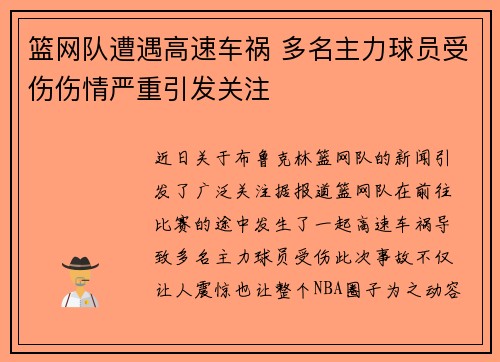 篮网队遭遇高速车祸 多名主力球员受伤伤情严重引发关注