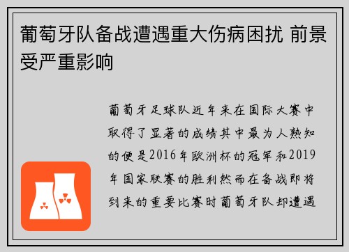 葡萄牙队备战遭遇重大伤病困扰 前景受严重影响