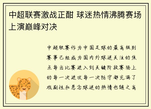中超联赛激战正酣 球迷热情沸腾赛场上演巅峰对决
