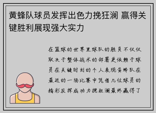 黄蜂队球员发挥出色力挽狂澜 赢得关键胜利展现强大实力