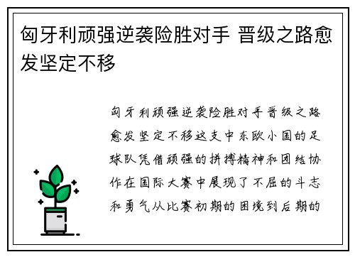 匈牙利顽强逆袭险胜对手 晋级之路愈发坚定不移